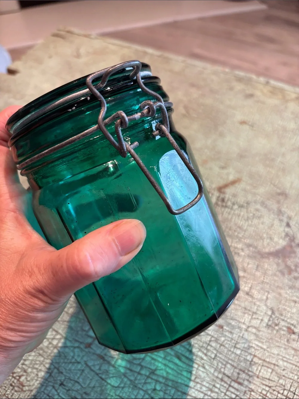 Vintage Emerald Green Glass Canister Wire Bail Clamp Lid 5 Inch